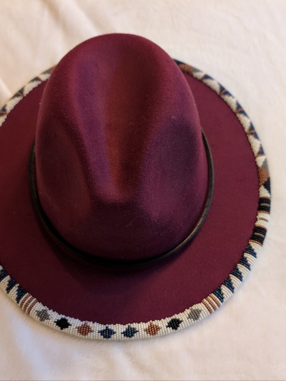 Burgundy Fedora Hat with Beaded Brim - Picture 2 of 6